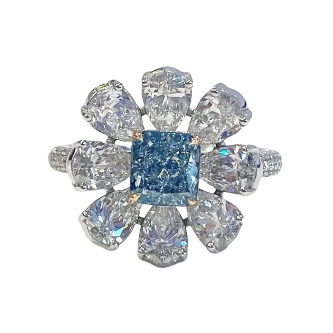 Natural Fancy Light Blue 18K White Gold GIA Diamond Flower Ring 4.04 Ctw.