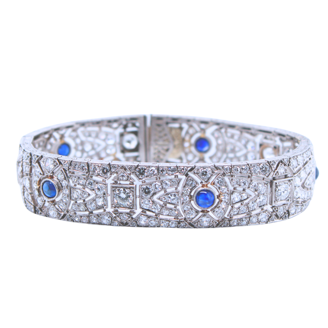 Platinum Art Deco French Cabochon Sapphire and Diamond Bracelet 16.00CTW