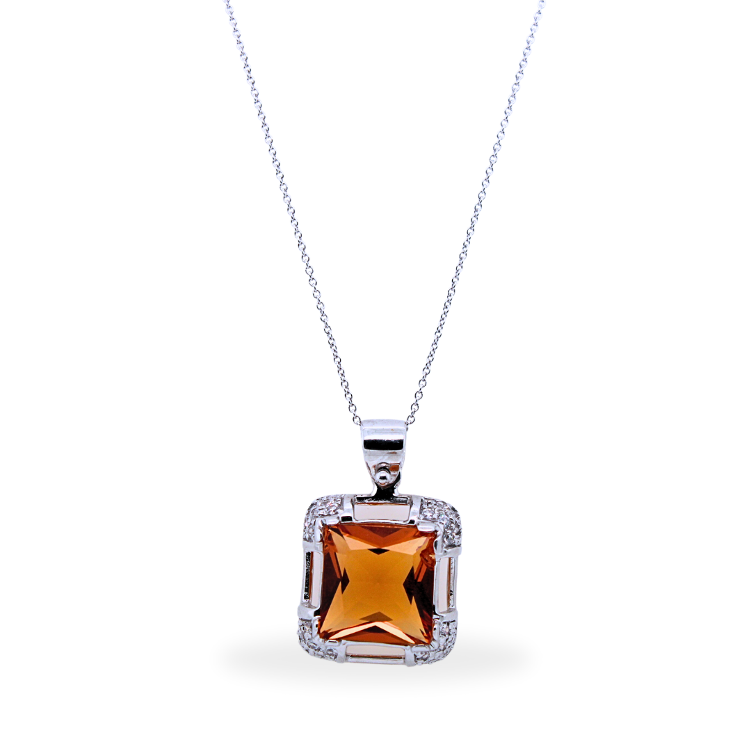 18k White Gold Citrine Diamond Pendant Necklace