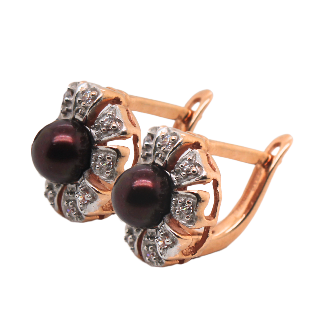 14k Rose Gold, Diamond &amp; Pearl Flower Huggie Earrings 0.20 Tcw.