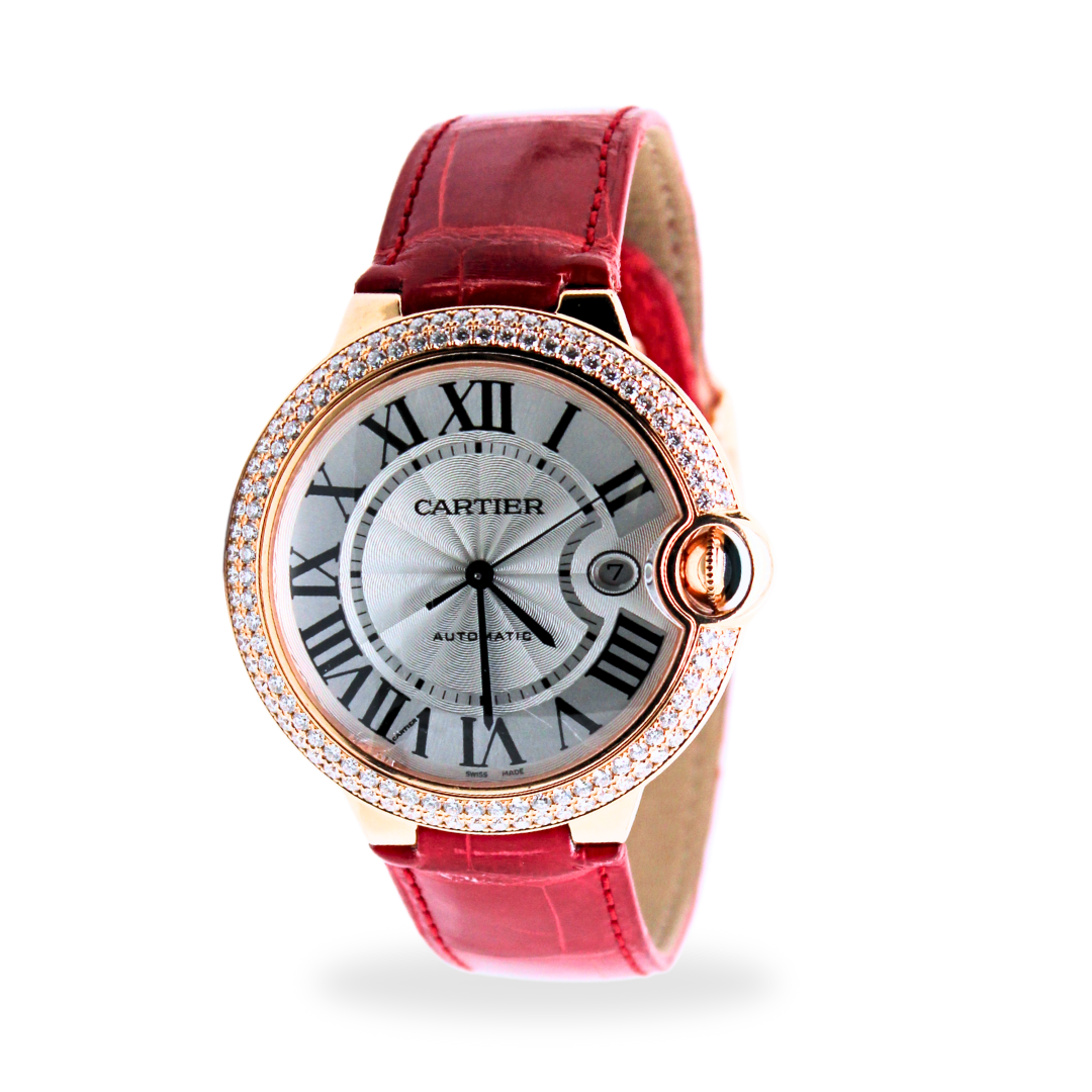 18K rose gold BALLON BLEU DE CARTIER WATCH Burgundy alligator leather strap 33 mm,