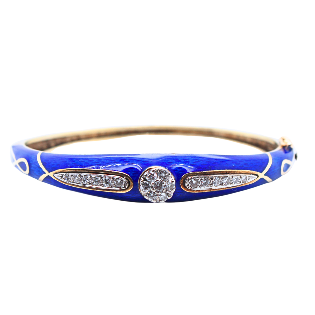 VINTAGE FRENCH 14K YELLOW GOLD & DIAMOND ENAMEL BANGLE 0.50 CTS.