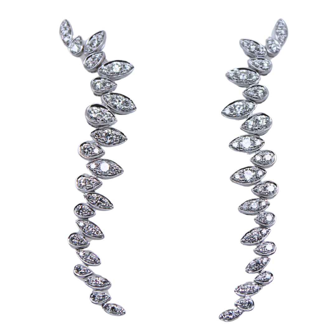 18K White Gold Diamond Vine Drop Earrings 1.31 Carat Total Weight