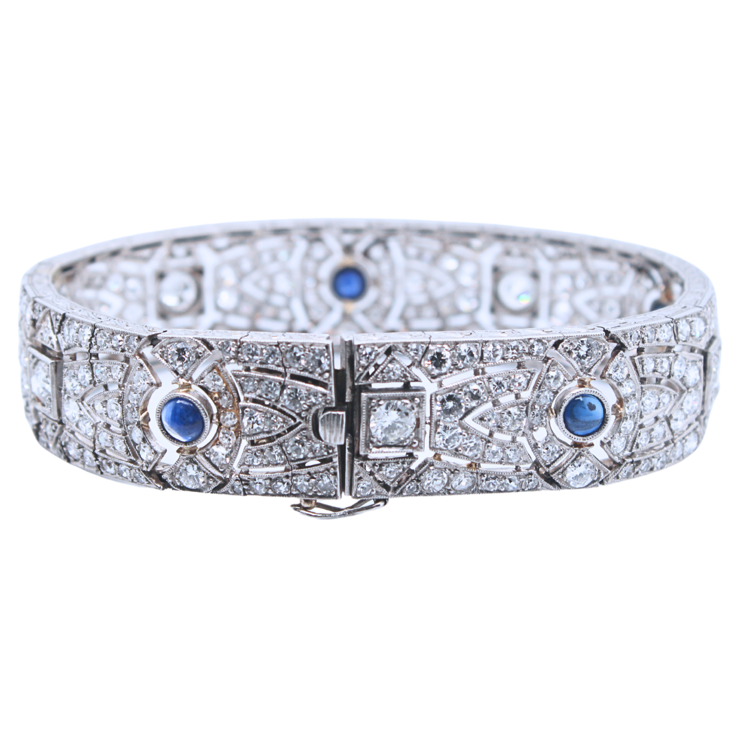 Platinum Art Deco French Cabochon Sapphire and Diamond Bracelet 16.00CTW