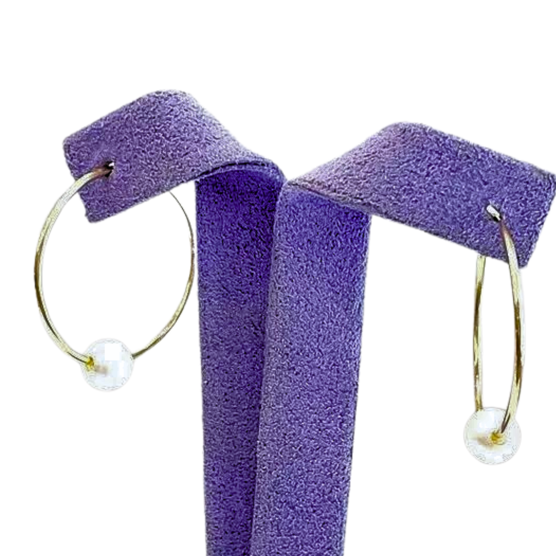 14K Yellow Gold Cultured Pearl Thin Hoop Earrings 1.10 Grams