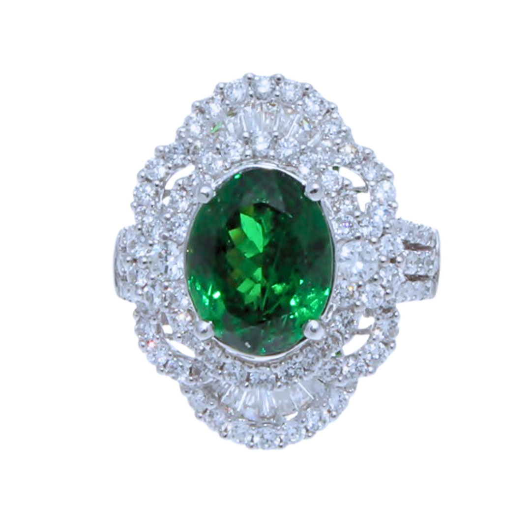 18k White Gold Oval Tsavorite and Diamond Ring with GIA