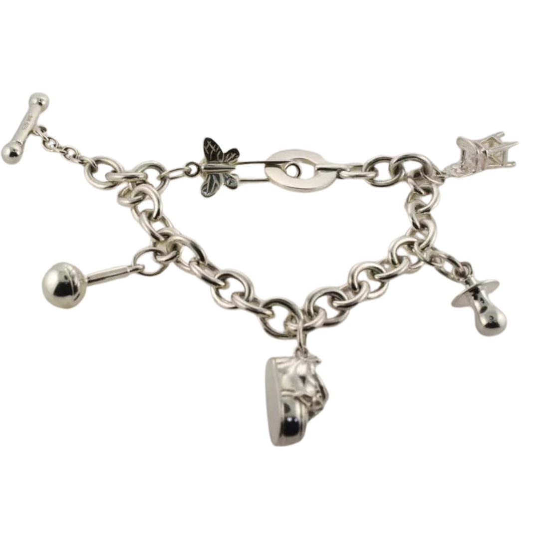 Authentic T&B Sterling Silver Baby Themed 6 Charms Bracelet 42.8 g 7'