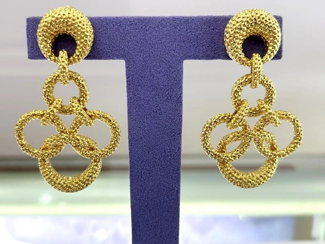 18K Yellow Gold Textured Drop Circle Earrings 43.96 Grams