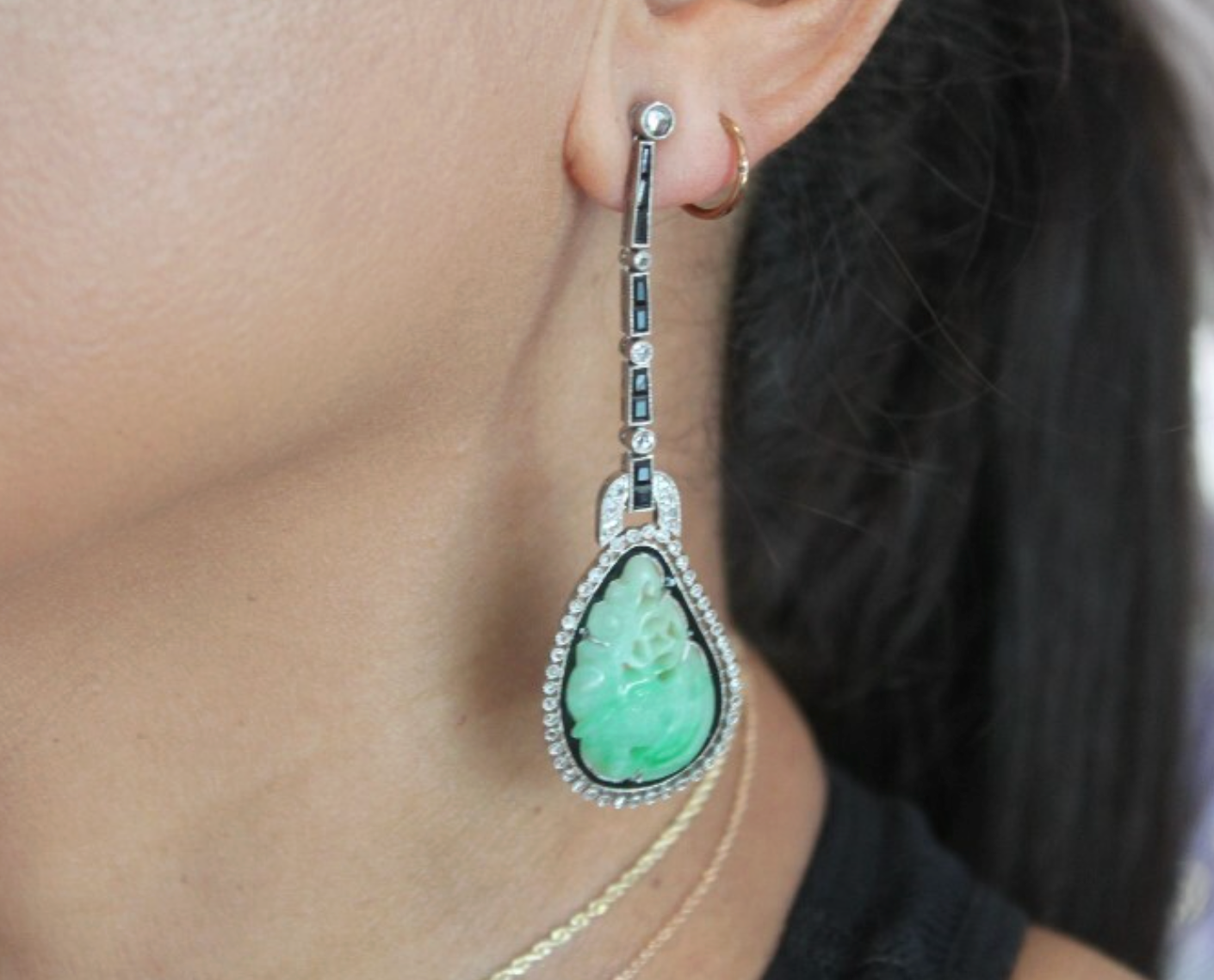Art-Deco Carved Jade - Diamond & Onyx Platinum Drop Earrings 2.25 Ctw.