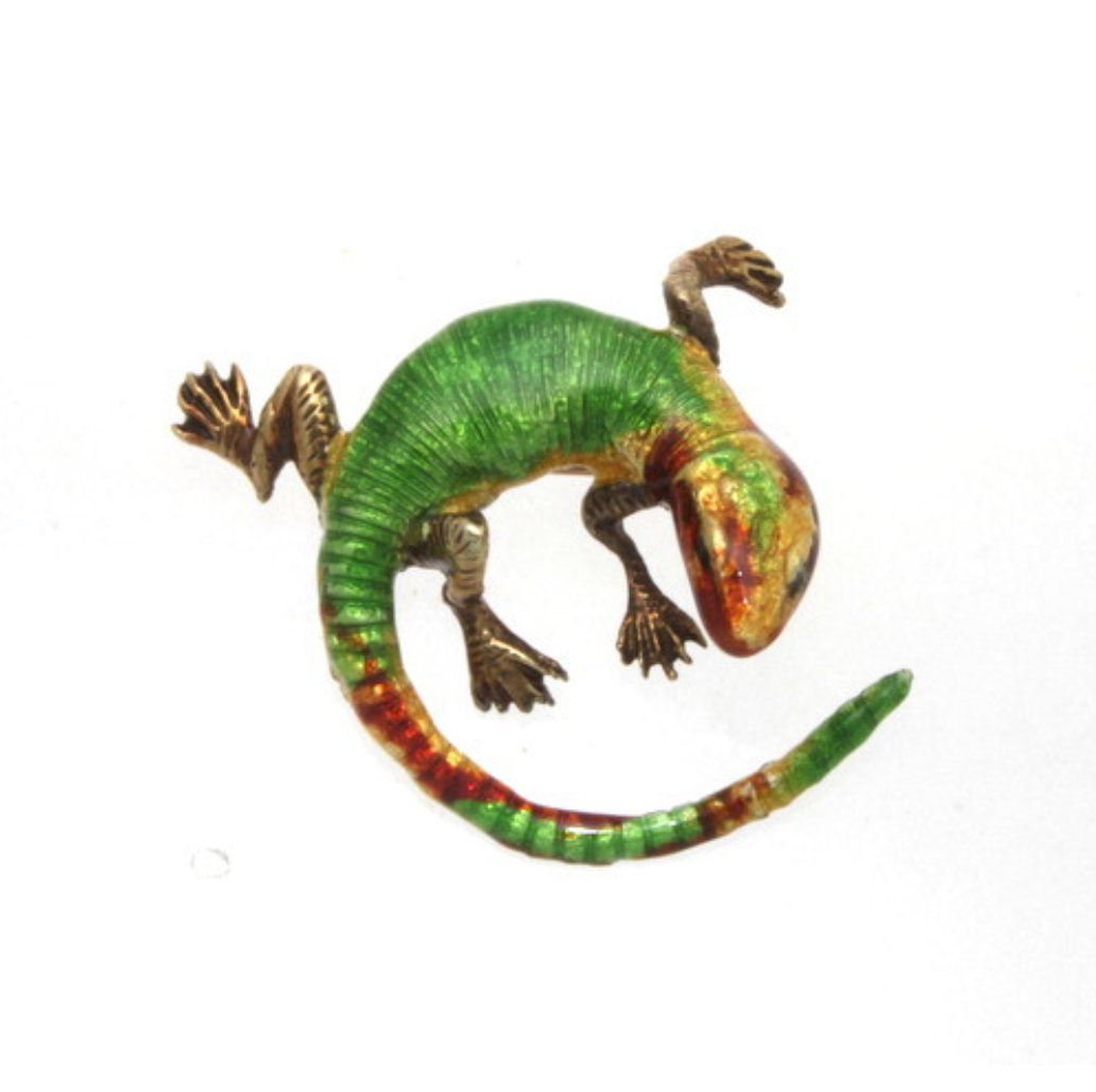 Amazing Vintage 14k Yellow Gold & Enamel Lizard Pin