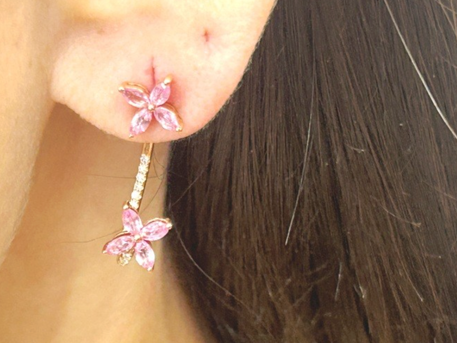 14K Rose Gold Pink Sapphire Flower Shape & Diamond Dangle Earrings 1.69 Carats