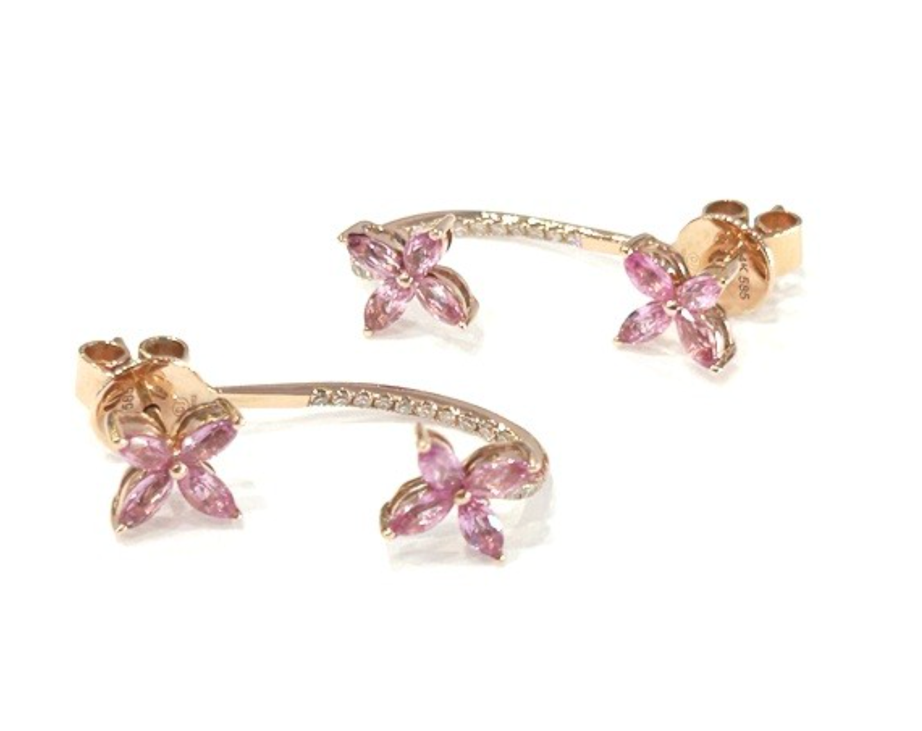 14K Rose Gold Pink Sapphire Flower Shape & Diamond Dangle Earrings 1.69 Carats