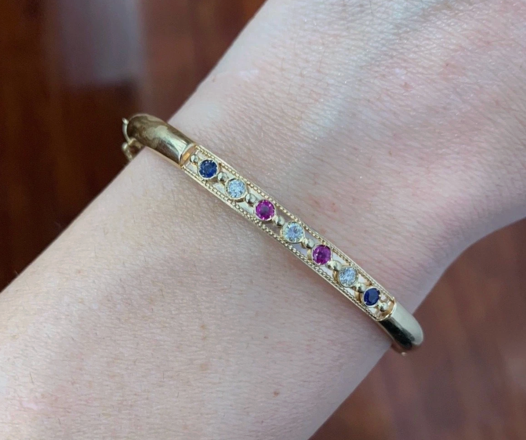 14K Yellow Gold, Diamond, Ruby & Sapphire Bangle 0.24 Tcw. 6.5' Inches 11.19g