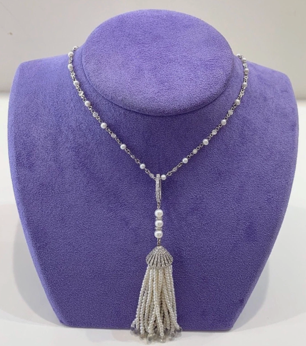 18K White Gold, Diamond, Briolette Sapphire & Pearl Tassle Necklace 11.17 Tcw.
