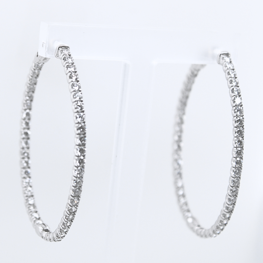 14k White Gold Hoop Inside and Out Diamond Earrings 4.5Cts