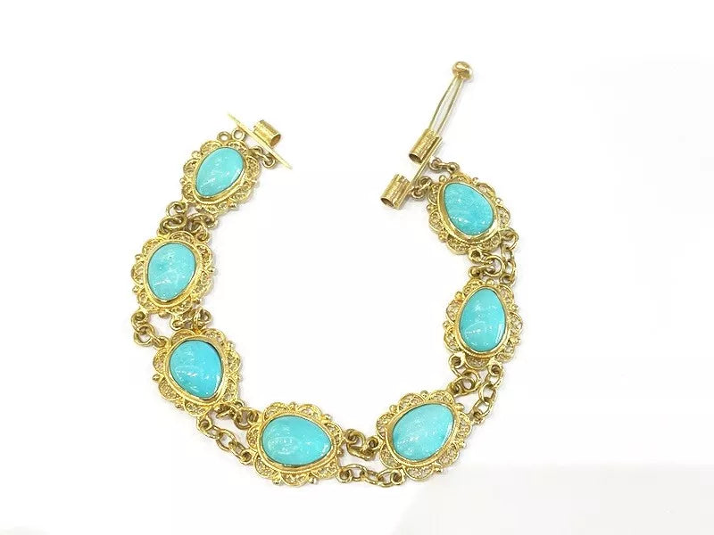 Vintage 18K Yellow Gold Filagree & Natural Turquoise bracelet 20.84 Grams