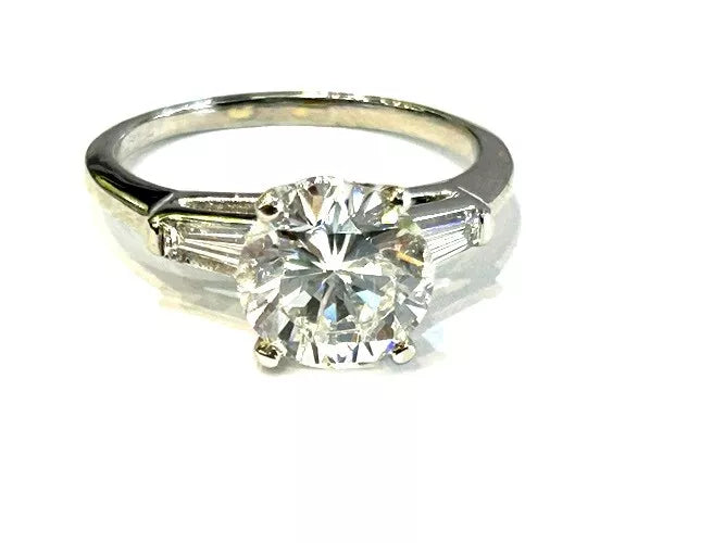 Platinum Round Brilliant Cut Diamond Ring W/Tappered Baguette GIA 2.25 Carats