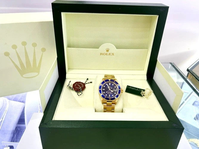 Rolex 18K Yellow Gold Submariner Purple Blue Dial Watch Box & Papers 16618
