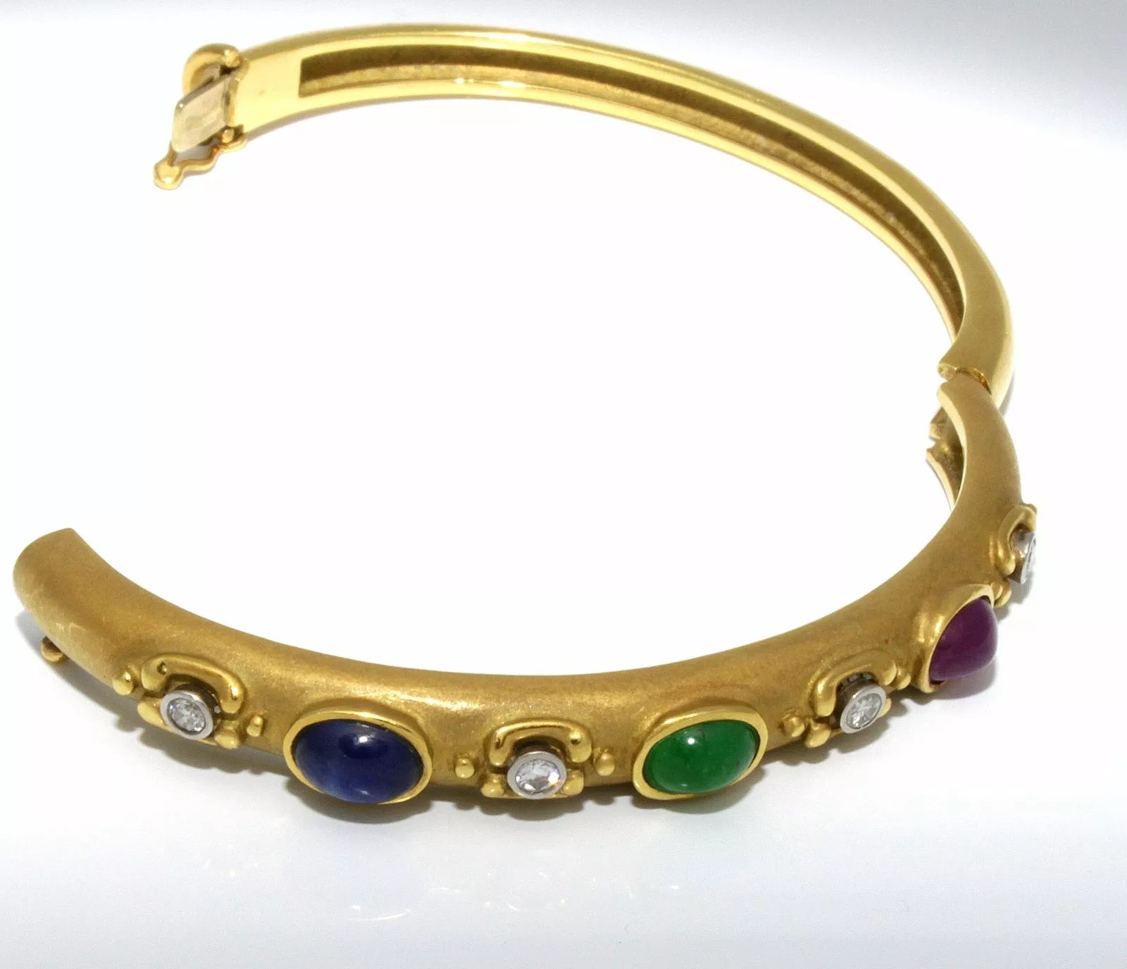 18k Yellow Gold, Diamond, Emerald, Sapphire & Ruby Bangle Bracelet 0.20 Cts.