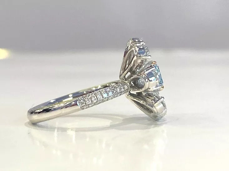 Natural Fancy Light Blue 18K White Gold GIA Diamond Flower Ring 4.04 Ctw.