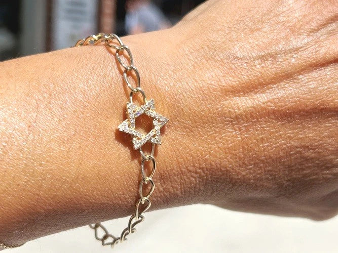 14K Yellow Gold Diamond Star of David Chain Link Bracelet 0.30 Carats