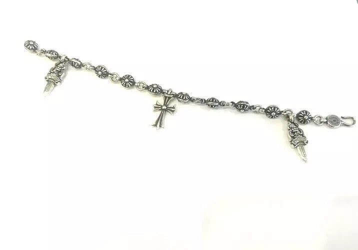 Sterling Silver Chrome Hearts Cross Ball Tiny Cross Bracelet 39.51 Grams