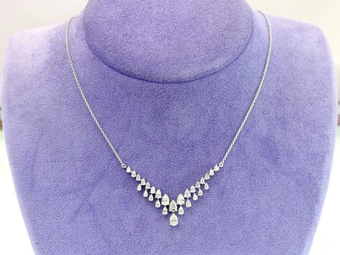 14K White Gold V-Shape Diamond Scatter Necklace 4.90 Carats