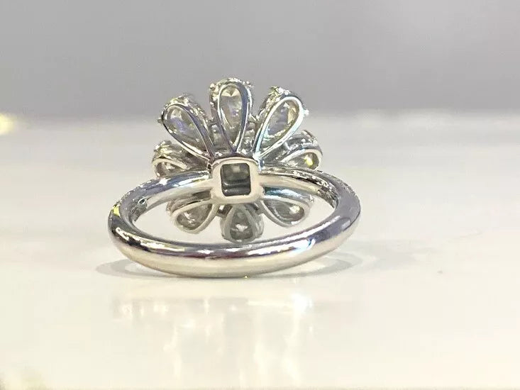 Natural Fancy Light Blue 18K White Gold GIA Diamond Flower Ring 4.04 Ctw.