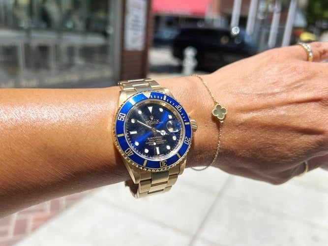 Rolex 18K Yellow Gold Submariner Purple Blue Dial Watch Box & Papers 16618