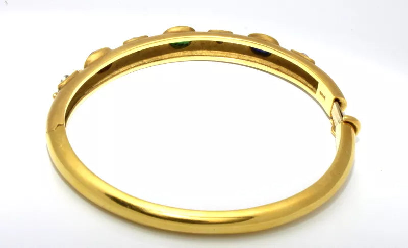 18k Yellow Gold, Diamond, Emerald, Sapphire & Ruby Bangle Bracelet 0.20 Cts.