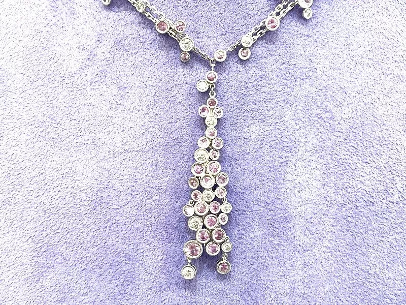 Diamond & Pink Sapphire 14K White Gold 3-Strand Necklace 6.50 Carats