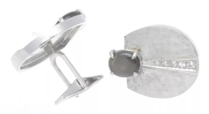 VINTAGE 14K WHITE GOLD DIAMOND & BLACK STAR SAPPHIRE CUFFLINKS