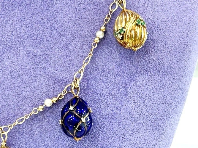 14K Yellow Gold 5 Egg Enamel & Gold Necklace 38.5 Grams