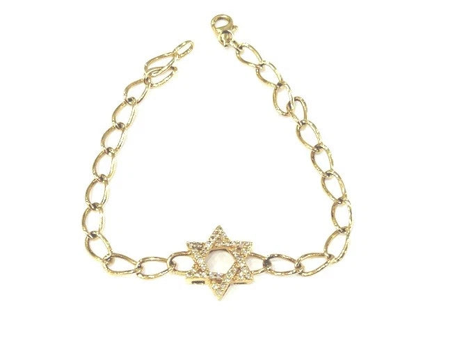 14K Yellow Gold Diamond Star of David Chain Link Bracelet 0.30 Carats