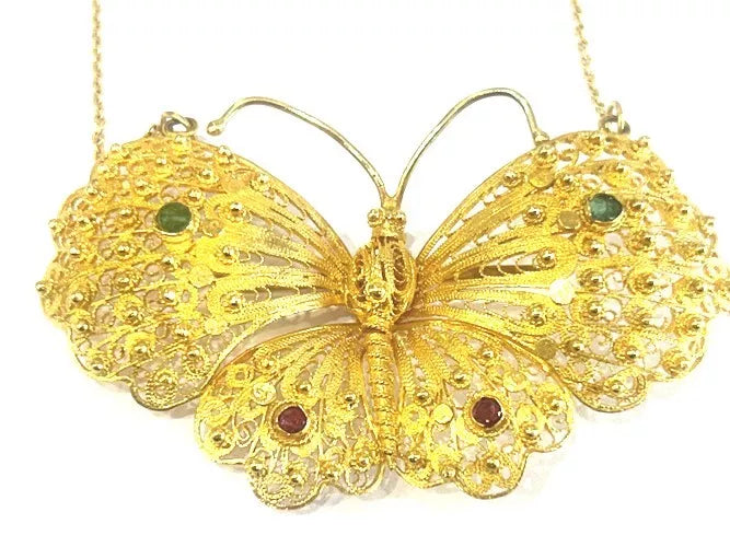 18K Yellow Gold Emerald & Ruby Butterfly Necklace 23.61 Grams