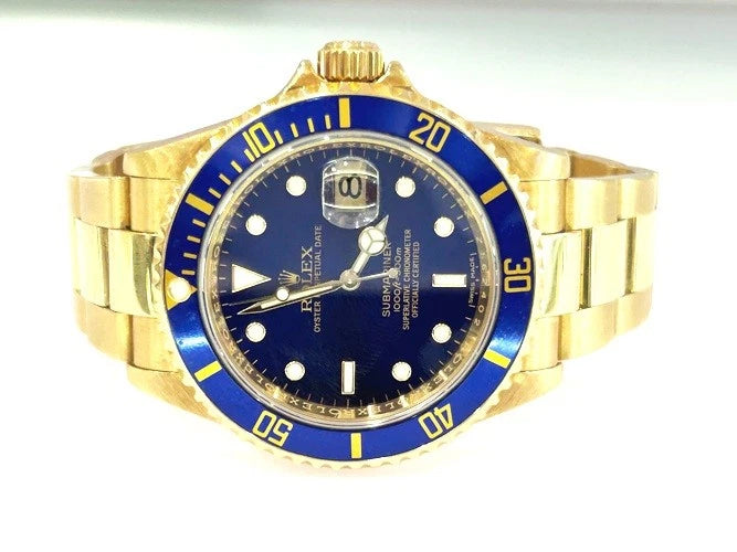 Rolex 18K Yellow Gold Submariner Purple Blue Dial Watch Box & Papers 16618