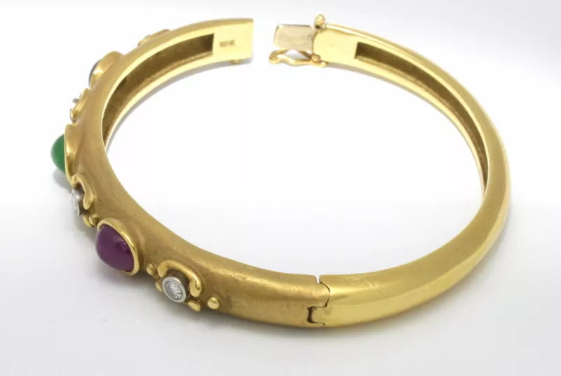 18k Yellow Gold, Diamond, Emerald, Sapphire & Ruby Bangle Bracelet 0.20 Cts.