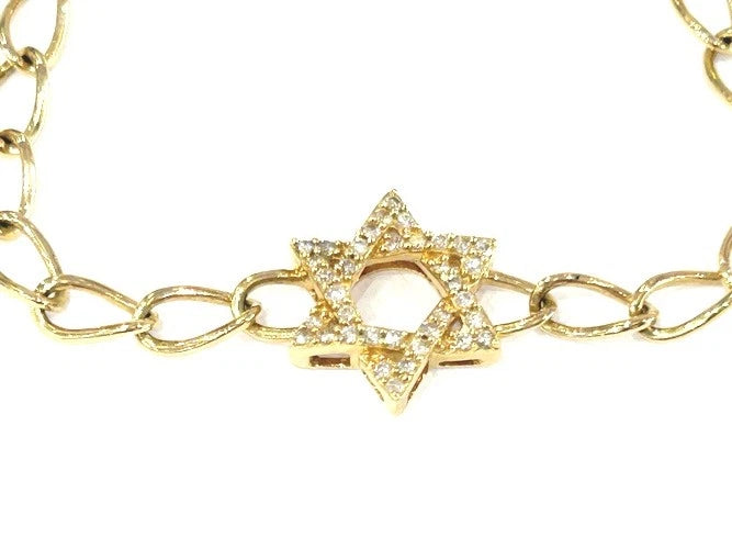 14K Yellow Gold Diamond Star of David Chain Link Bracelet 0.30 Carats