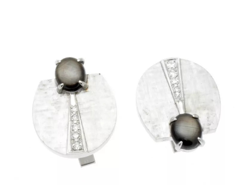 VINTAGE 14K WHITE GOLD DIAMOND & BLACK STAR SAPPHIRE CUFFLINKS