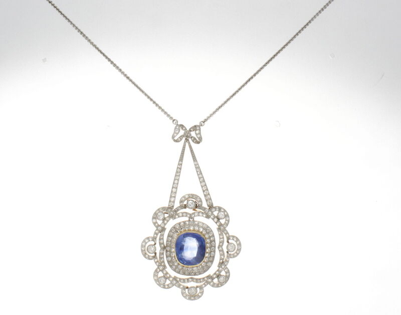 Art Deco 18k Natural Sapphire White Gold and Platinum Marcus & Co. Pendant Necklace