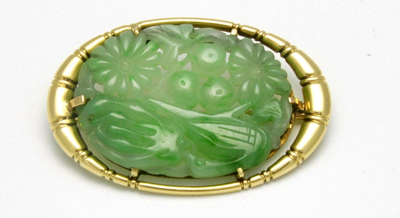 Authentic Vintage Cartier 14K Yellow Gold Carved Natural Green Jade Brooch Pin