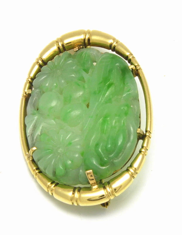 Authentic Vintage Cartier 14K Yellow Gold Carved Natural Green Jade Brooch Pin