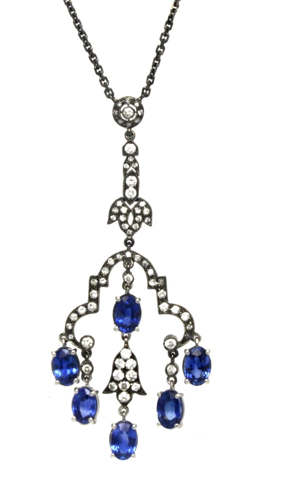 4.55 ctw. Diamonds Blue Sapphires Royal 18K Gold Rhodium 8.2 g 16' inch Necklace