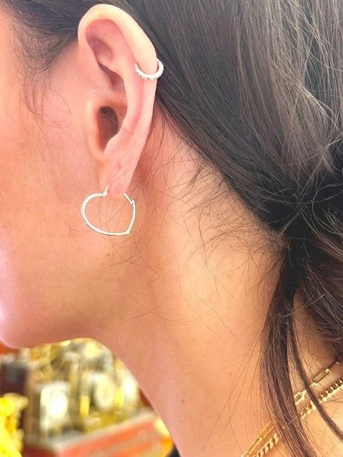 14K White Gold Diamond Heart Hoop Earrings 0.30 Carats