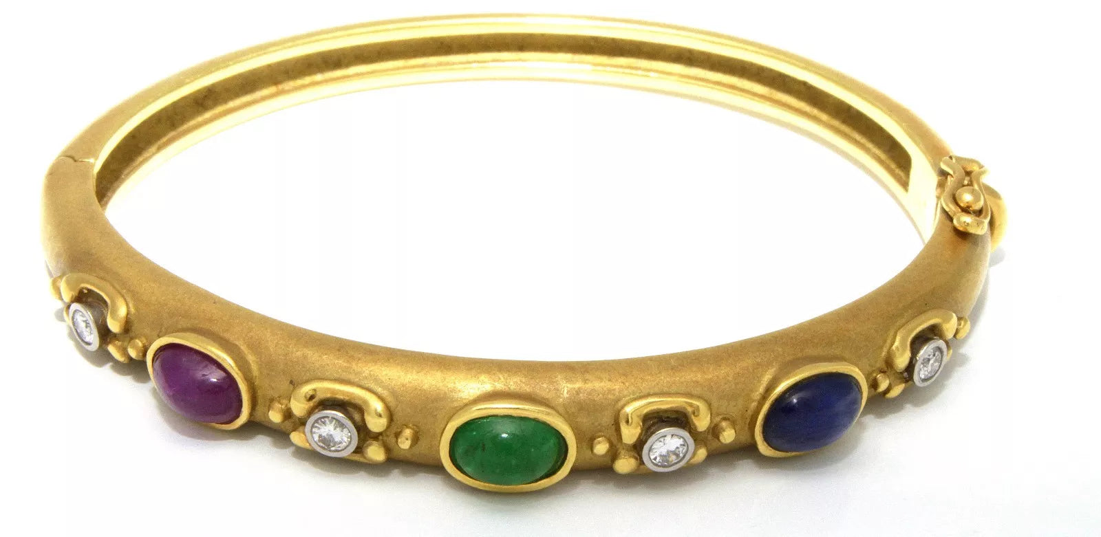 18k Yellow Gold, Diamond, Emerald, Sapphire & Ruby Bangle Bracelet 0.20 Cts.