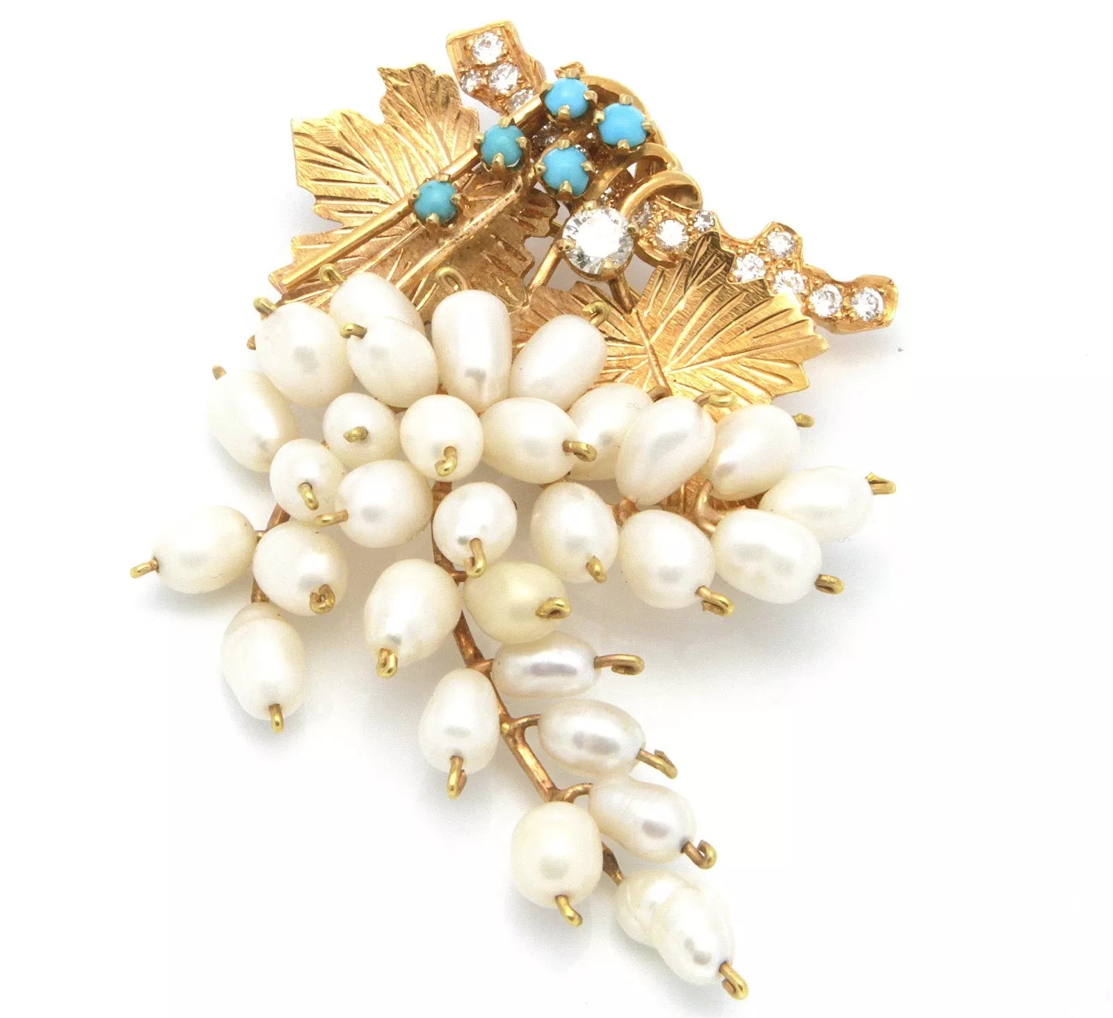 18K Yellow Gold 0.50 ctw. Diamonds Cultured Pearls Turquoise Brooch Pin 19.7 g