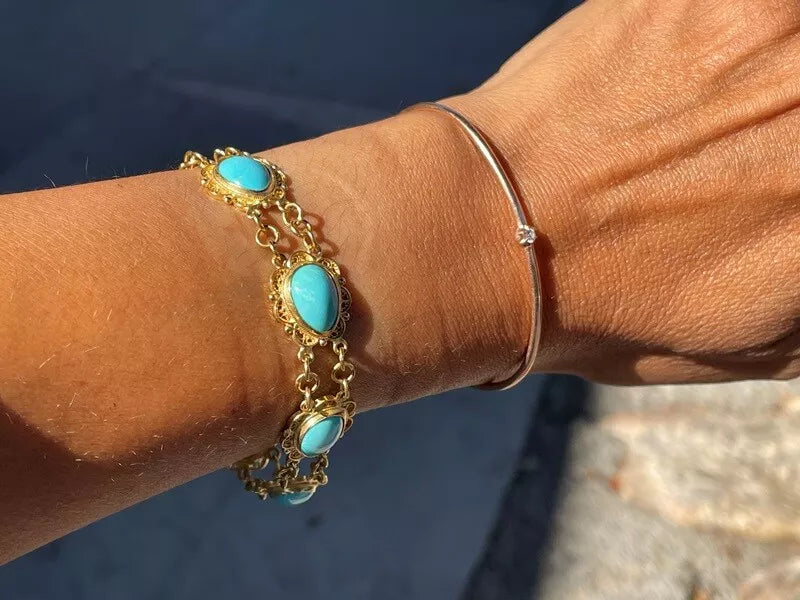 Vintage 18K Yellow Gold Filagree & Natural Turquoise bracelet 20.84 Grams