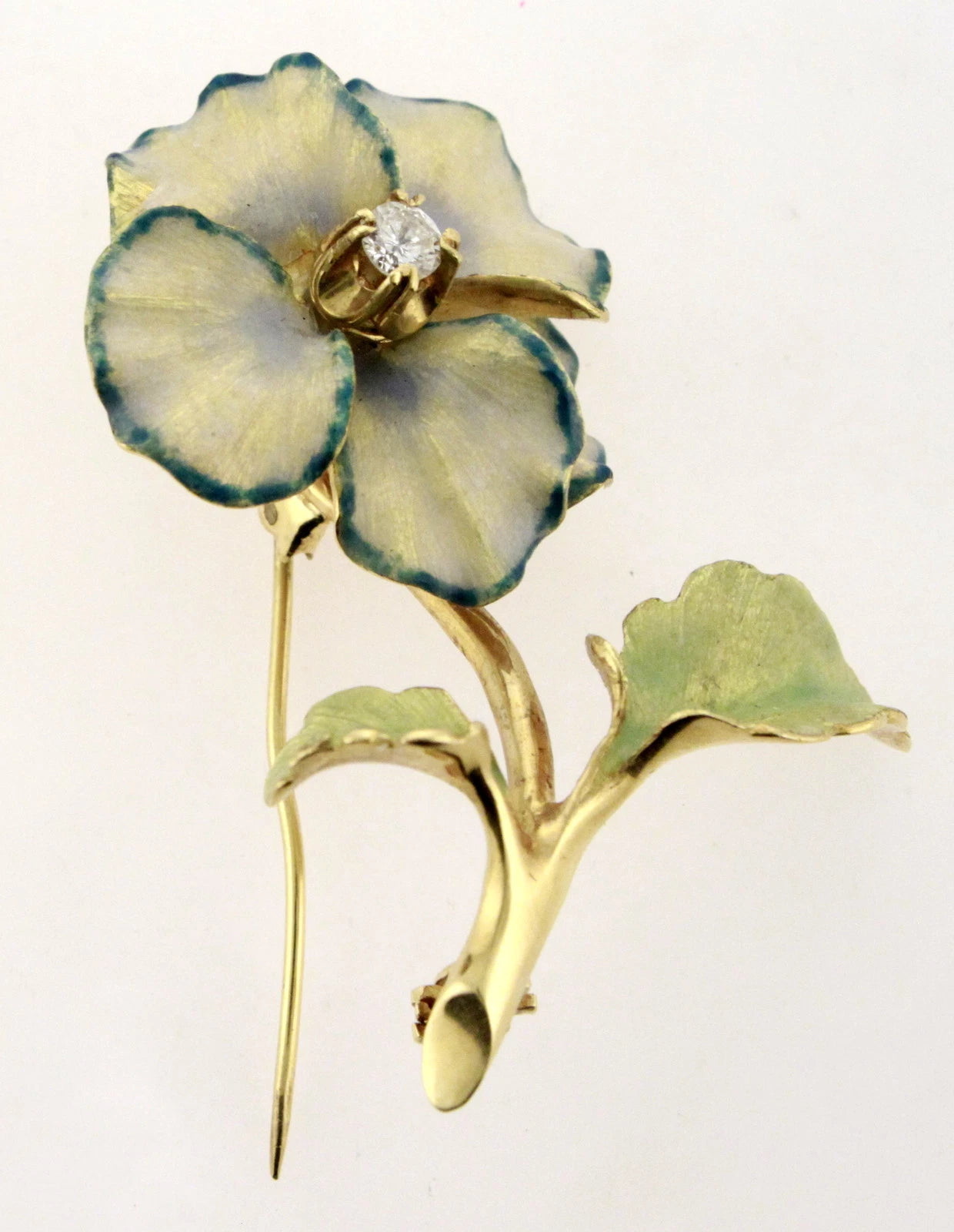 Estate 18K Yellow Gold Well Made Reproduction Diamond Enamel Flower Brooch Pin