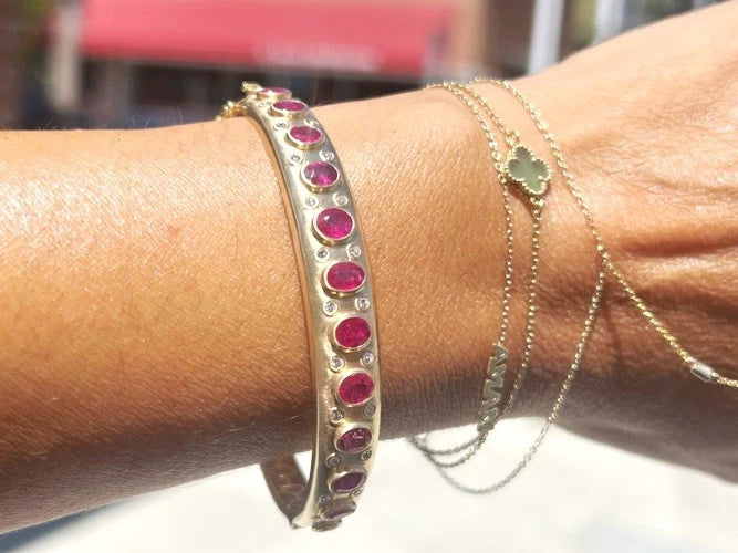 14K Yellow Gold Ruby & Diamond Bangle Bracelet 4.25 Carat Total Weight