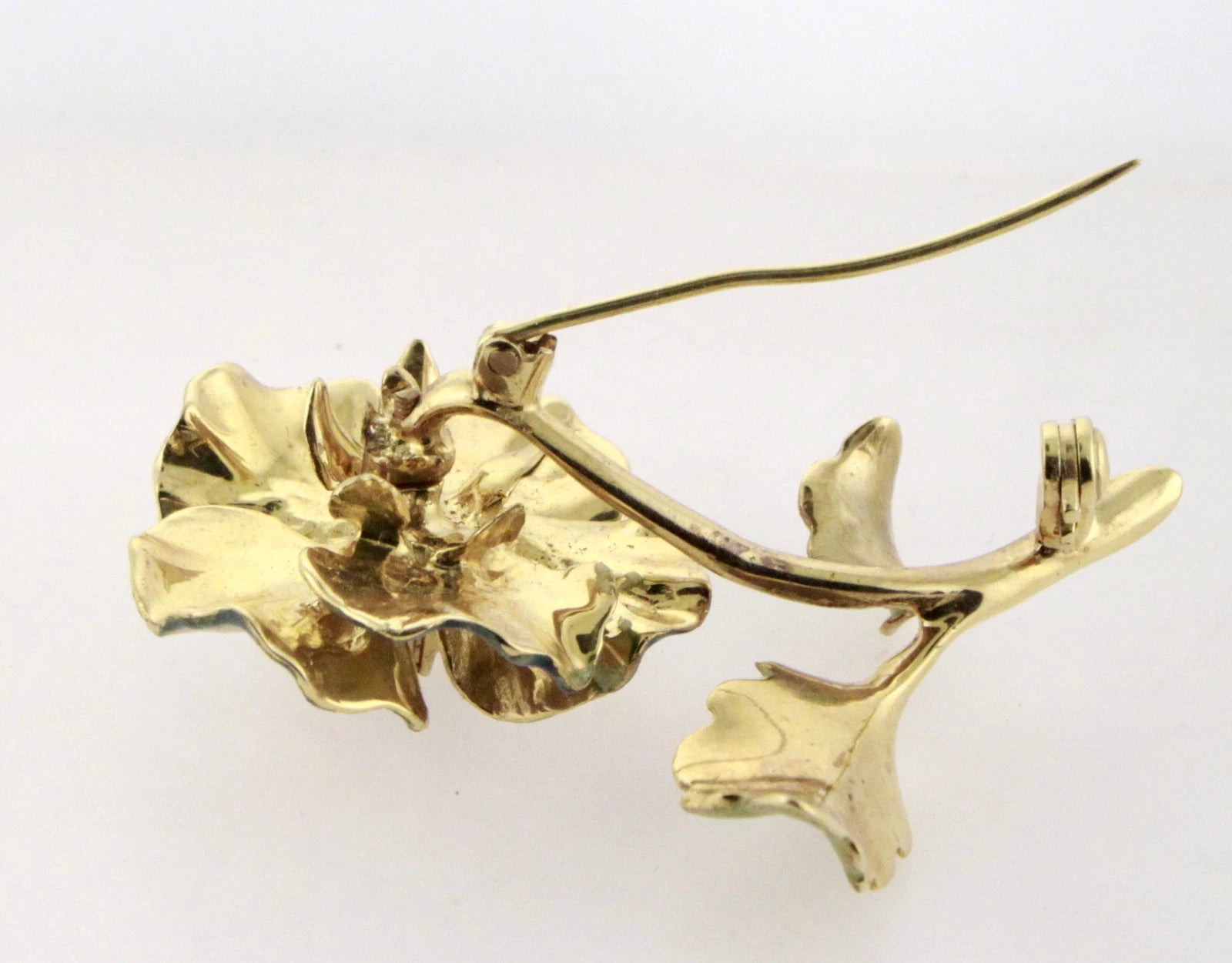 Estate 18K Yellow Gold Well Made Reproduction Diamond Enamel Flower Brooch Pin